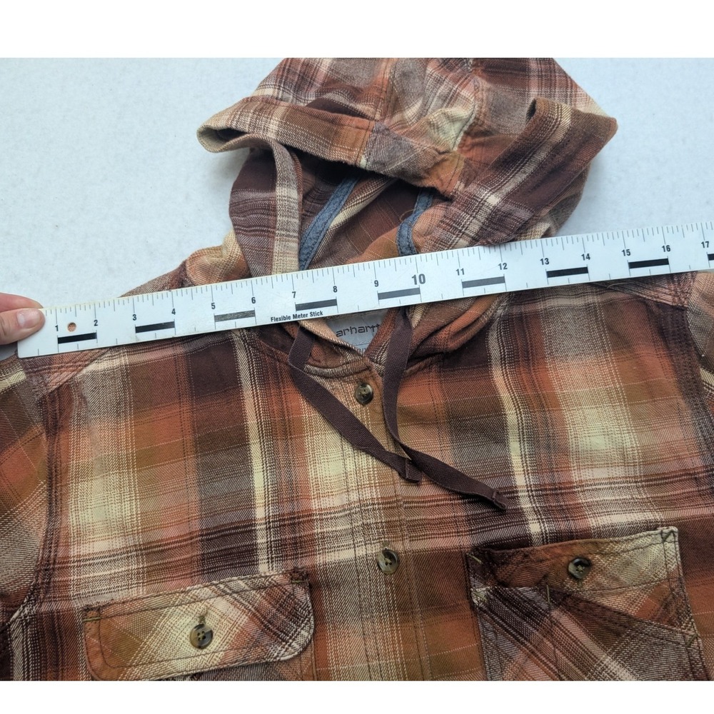 Carhartt Hooded Flannel Shirt Kids Medium 8/10 Brown Orange Plaid Button Up - Picture 6 of 7